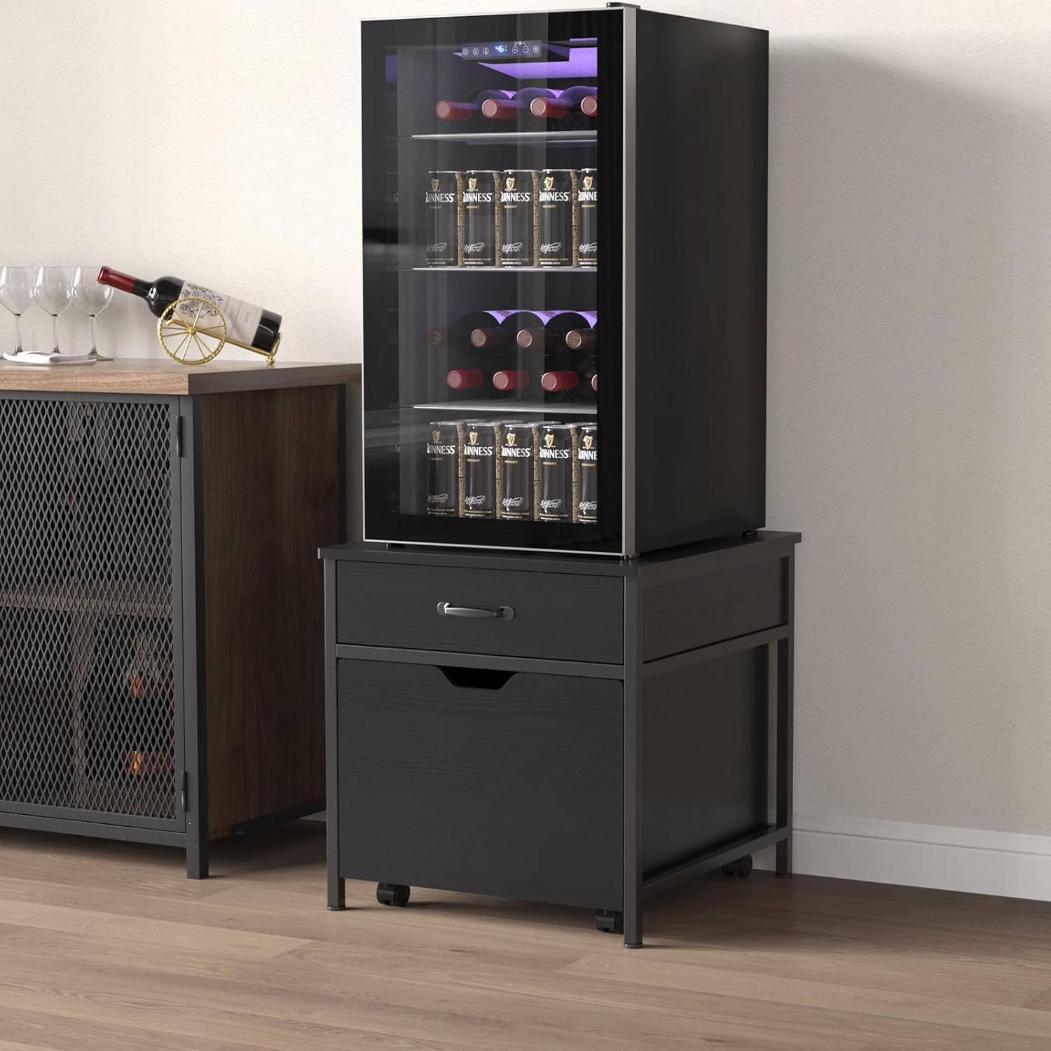 GDLF Mini Fridge Stand with Storage, Heavy Duty Mini Fridge Table with Rolling Cabinet 220LBS Capacity Tabletop for Dorm, Apartment,Office, Bedroom
