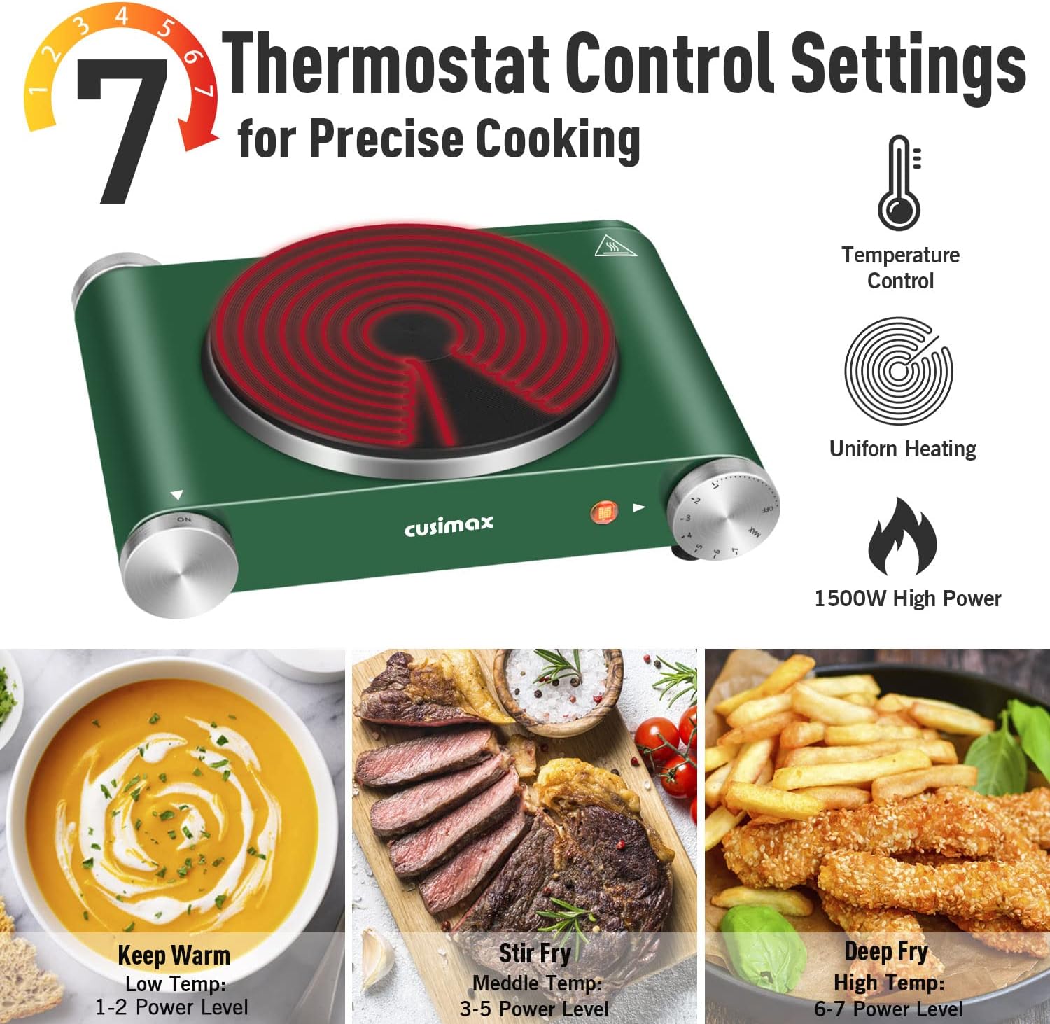 Cusimax Hot Plate Electric Burner Single Burner Cast Iron hot plates for cooking Portable Burner 1500W with Adjustable Temperature Control Stainless Steel Non-Slip Rubber Feet, Upgraded Version