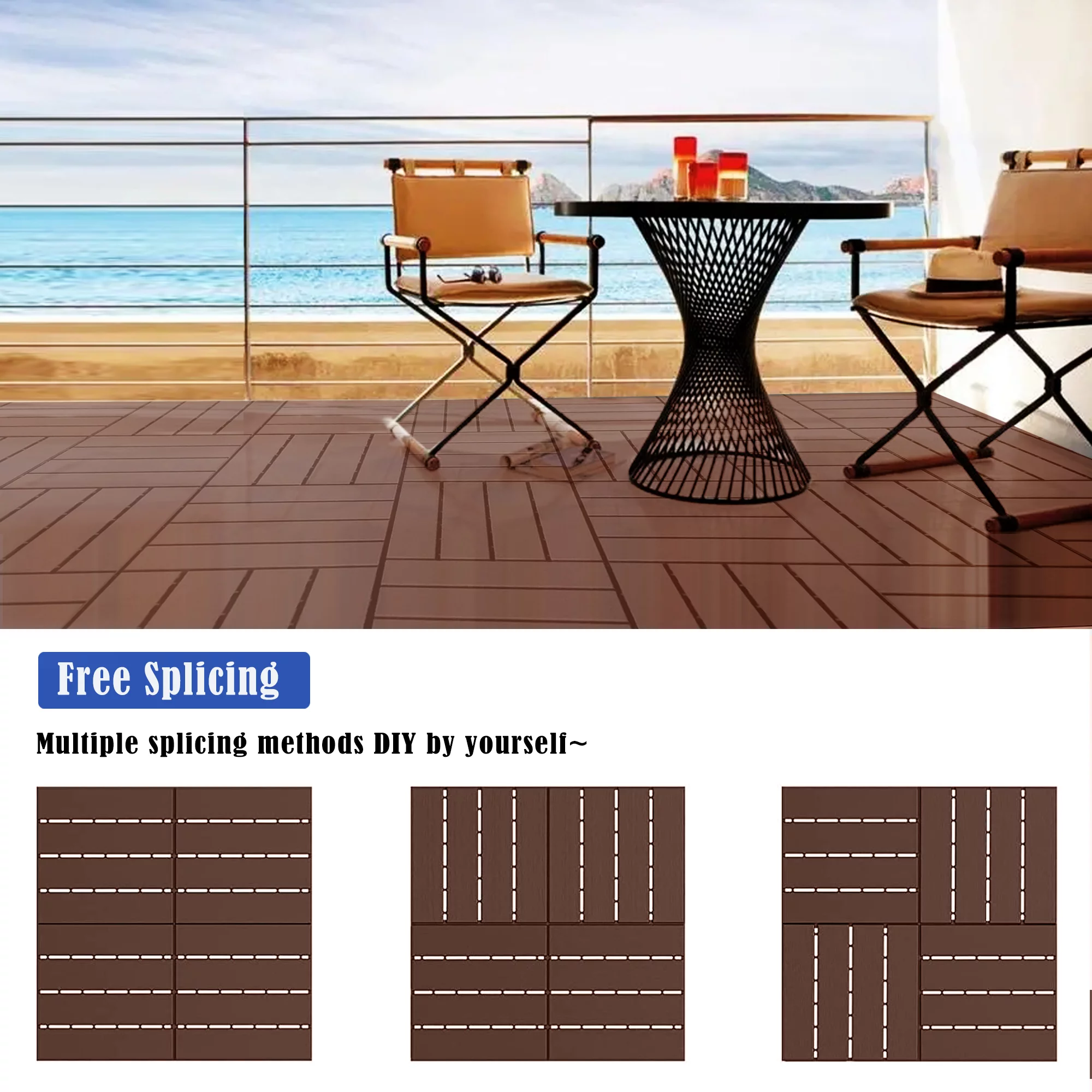 iRerts Patio Interlocking Deck Tiles, 44 Pack Plastic Patio Tiles, 12"x12" Square Waterproof Outdoor Flooring for All Weather Use, Garden Flooring Patio Tiles for Porch Balcony Backyard, Dark Brown
