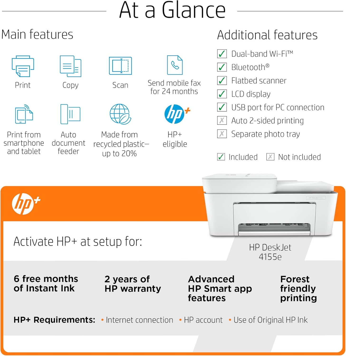 HP DeskJet 4155e All-in-One Wireless Color Printer, with bonus 6 months free Instant Ink with HP+ (26Q90A)