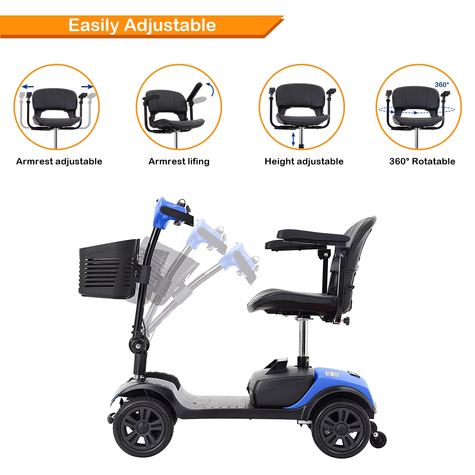 4 Wheels Folding Mobility Scooter for Seniors Adults with Baskets Blue