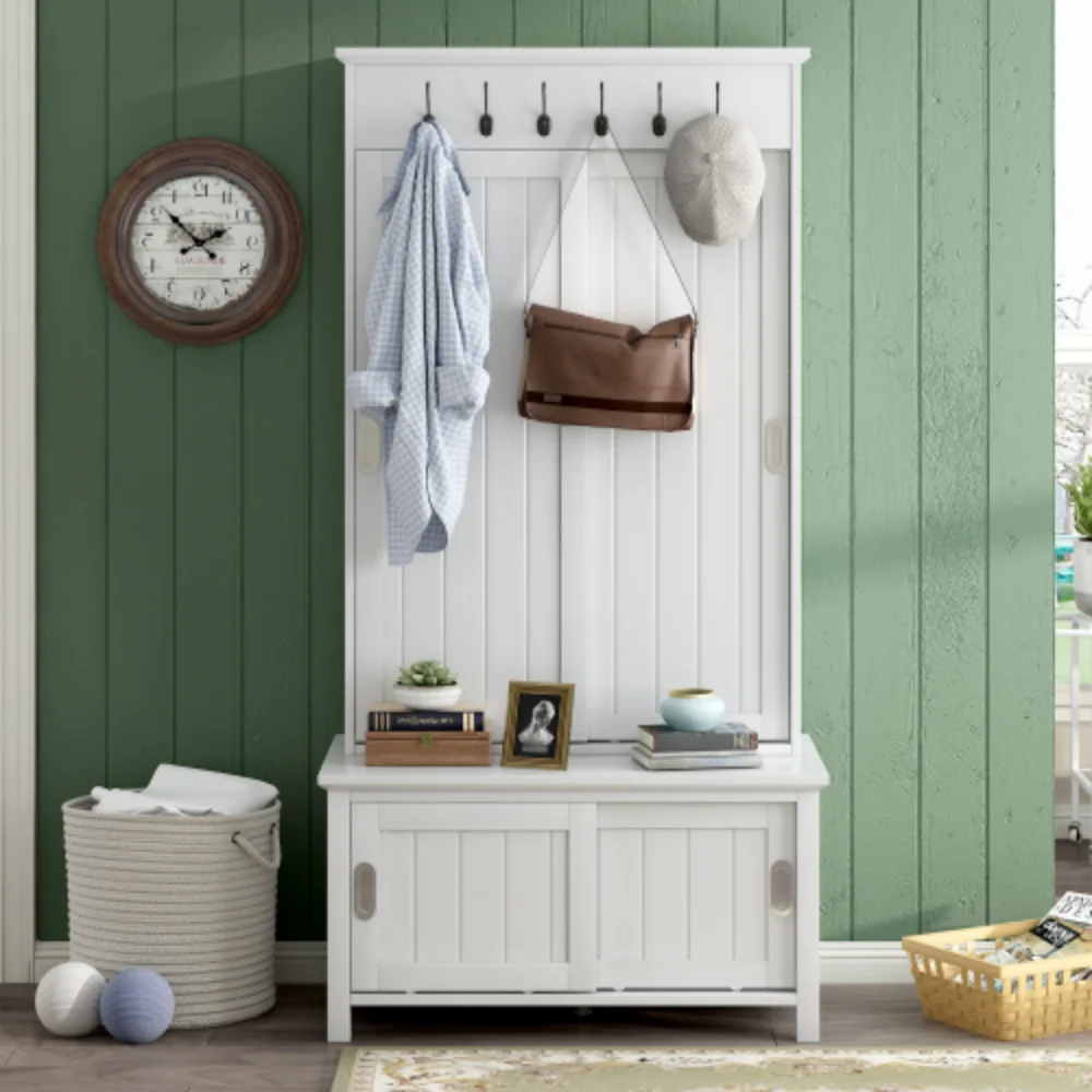 Multifunctional Hall Tree with Sliding Doors, Wooden Hallway Shoe Cabinet with Storage Bench and Shelves, Mudroom Coat Storage with Hanging Hooks for Entryways, White