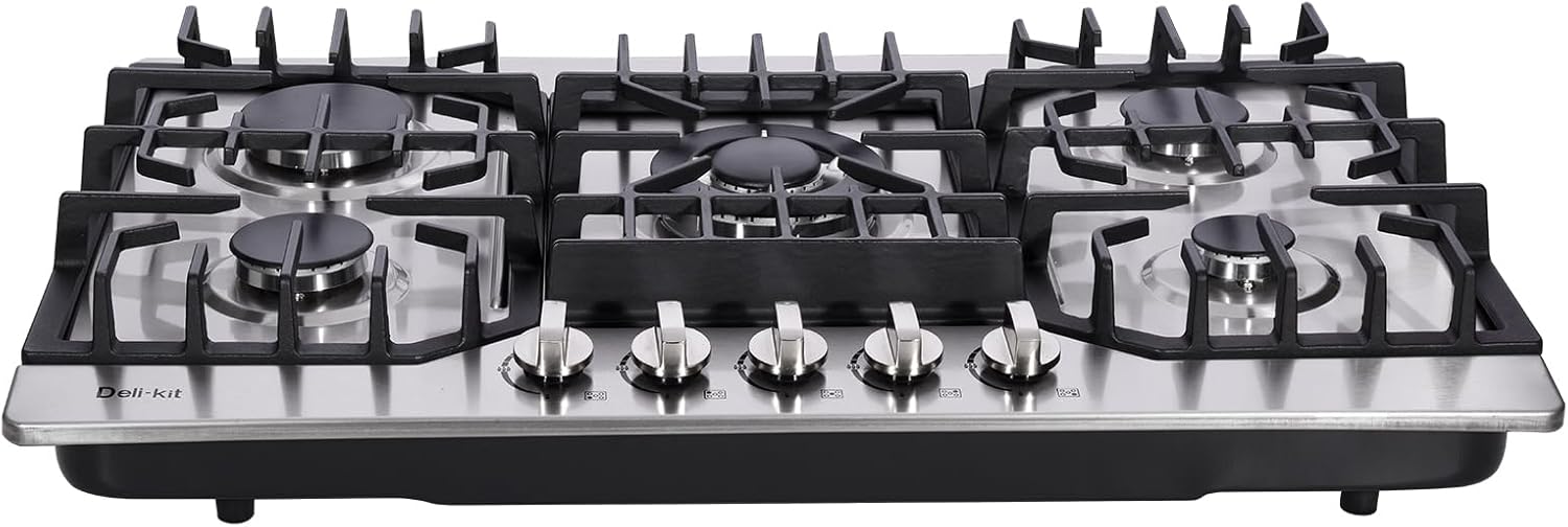 30 Inch Gas Cooktop, Stainless Steel Built-in 5 Burners Stovetop Dual Fuel Gas Hob NG/LPG Convertible Gas Cooktop DK5712