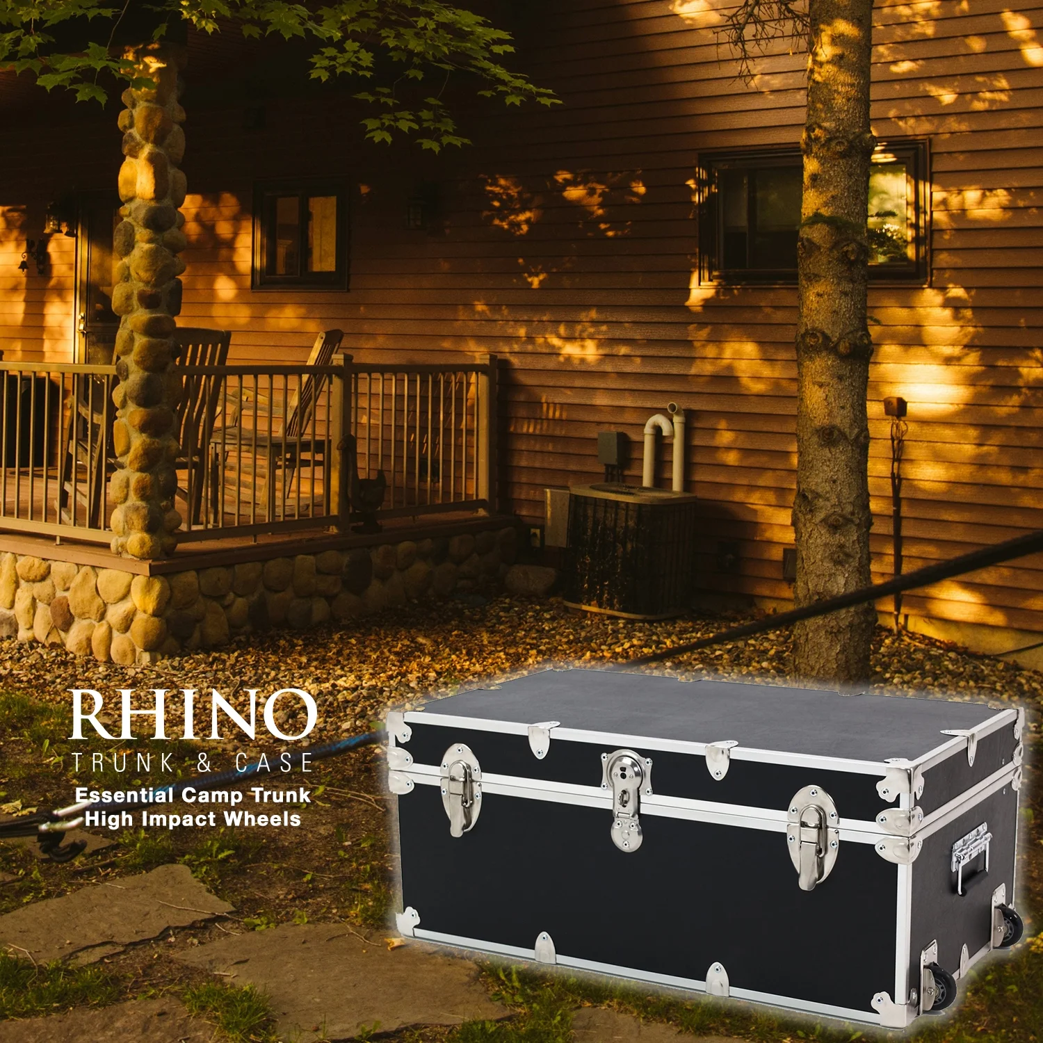Rhino Trunk & Case Essential Summer Camp Trunk with Wheels - Camping Storage Chest - Ideal Trunk Size for Campers - Strong 1000+ Pounds Sitting Capacity Trunks 32"x18"x14" (Royal Blue)