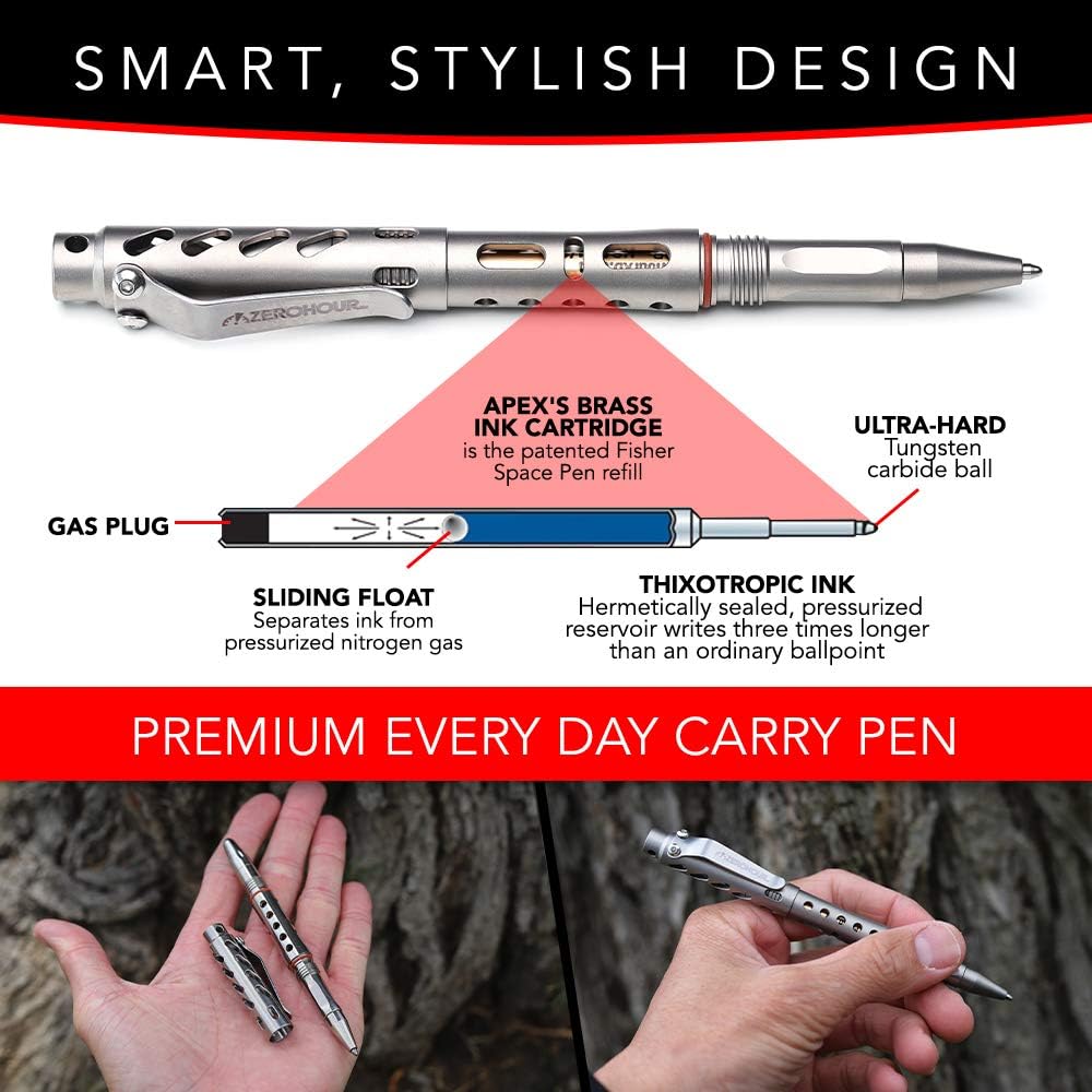 ZEROHOUR APEX Titanium Tactical Pen with Tungsten Tip | Glass Breaker and Self-Defense | EDC Tactical Pen with Fisher Ink (Polish) Pack of 2
