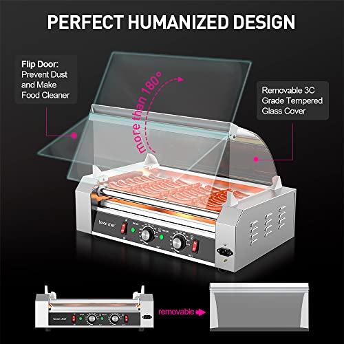 Leconchef Hot Dog Roller Machine Commercial Electric 7Roller Sausage Grill Hotdog Cooker Warmer Machine Stainless Steel with Dual Temp Control, Detachable Glass Cover and LED For Kitchen Canteen