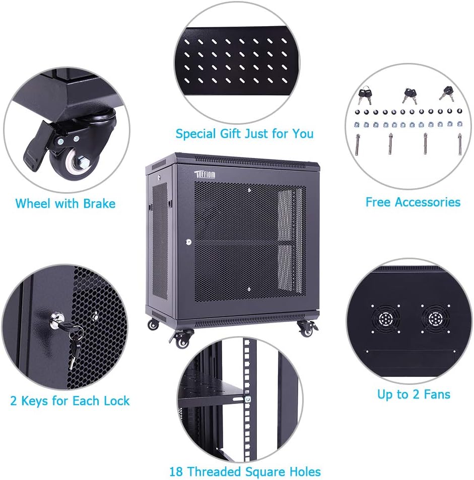 TUFFIOM 12U Casters Network Enclosure, 19 Inch Consumer Series Server Equipment Rack, Computer Date IT Network Cabinet Include 3 Side Panel Locks, Cooling Fan, No Assembly Required