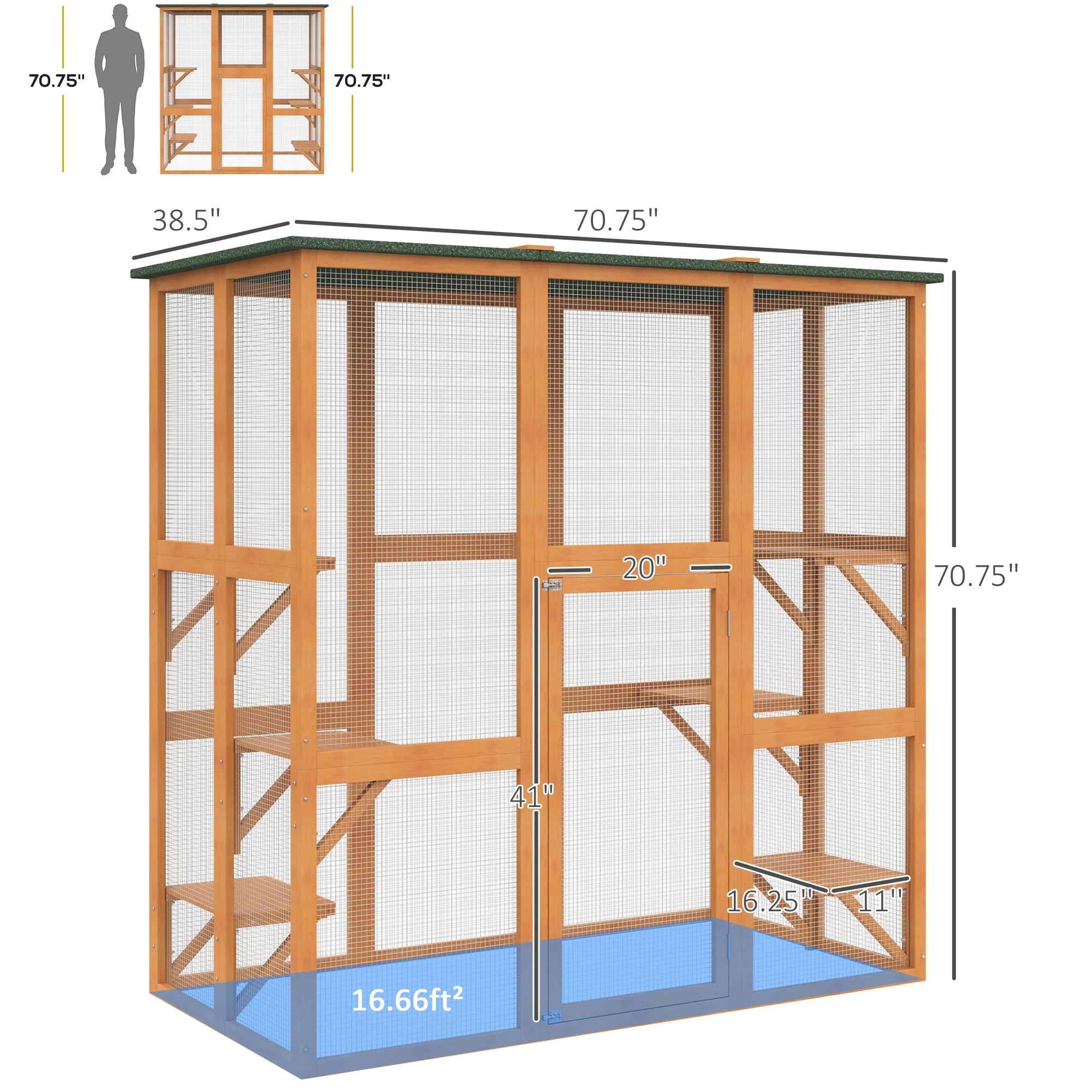 PawHut Outdoor Cat House Big Catio Wooden Feral Cat Shelter Enclosure with Large Spacious Interior, 6 High Ledges, Weather Protection Asphalt Roof, 71" L, Orange