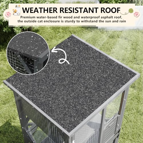 LEMBERI Cat House Outdoor Catio Cat Enclosures on Wheels, 71" Large Outside Patio Wooden Cat Cage Resting Box,Scratching Post, Waterproof Roof (Gray, 71")