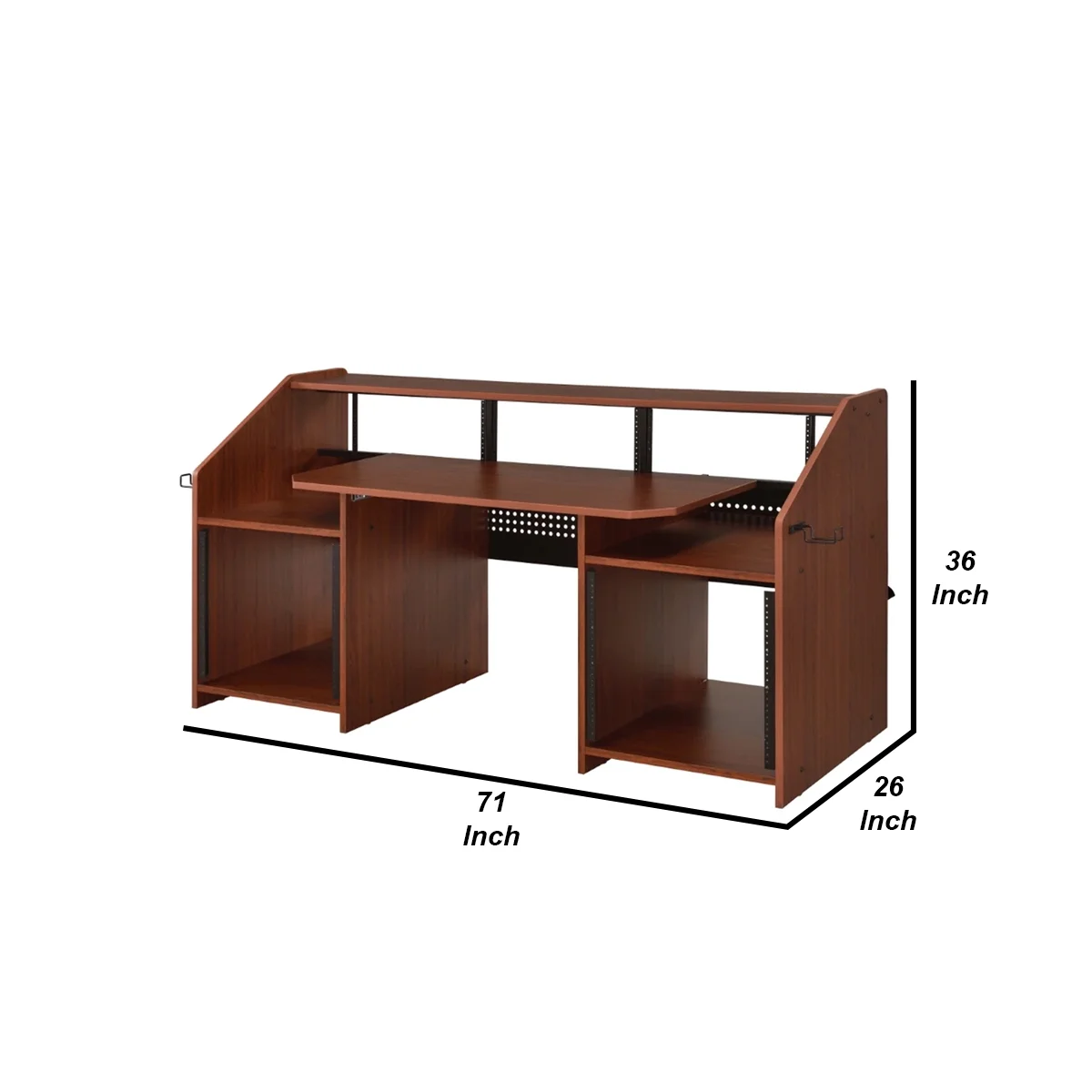 71 Inch Wood Music Desk Studio Workstation, 3 Shelves, Cherry Brown- Saltoro Sherpi