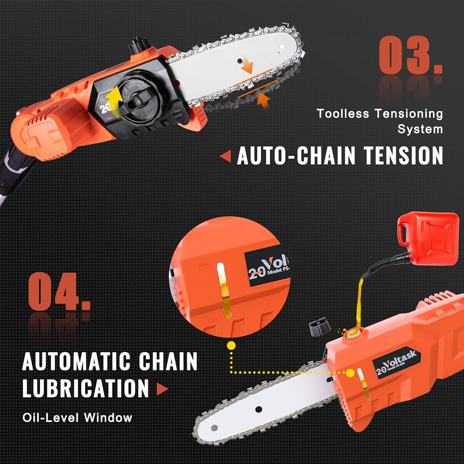 Voltask Cordless Chainsaw, 20V 10-Inch Electric Chainsaw with Auto Chain Tension & Lubrication (20V 8'' 2.0AH)