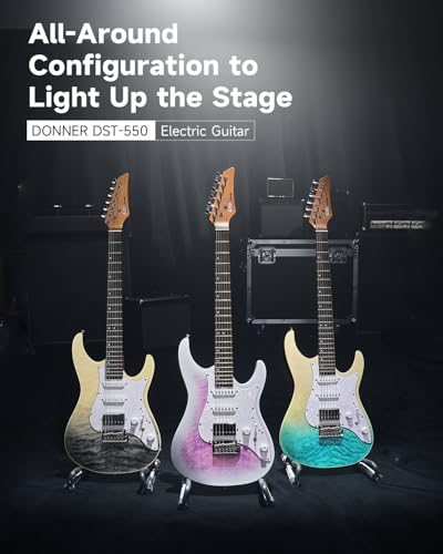 Donner 39 Inch Electric Guitar, DST-550 Color Gradient Poplar Body, Laurel Fretboard & Maple Veneer, 7 Tone Options, Tremolo Bridge, for Intermediate & Pro Players, Bonus Bag – Amethyst white burst
