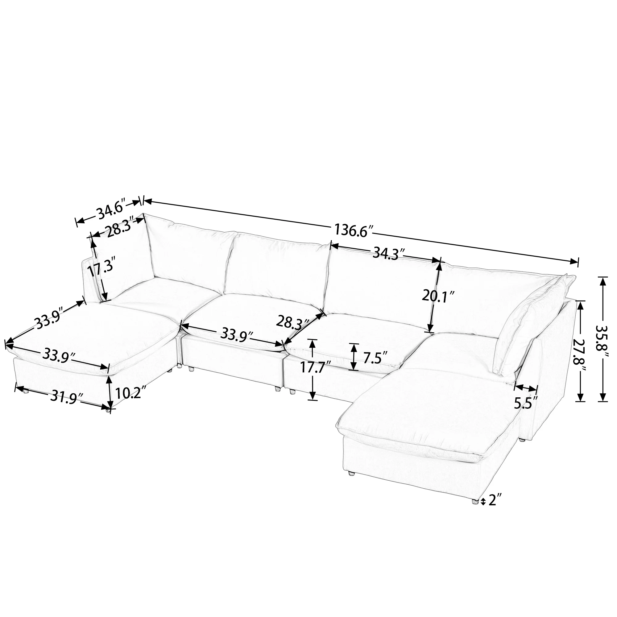 U_STYLE Modern Large U-Shape Sectional Sofa, 2 Large Chaise with Removable Ottomans for Living Room