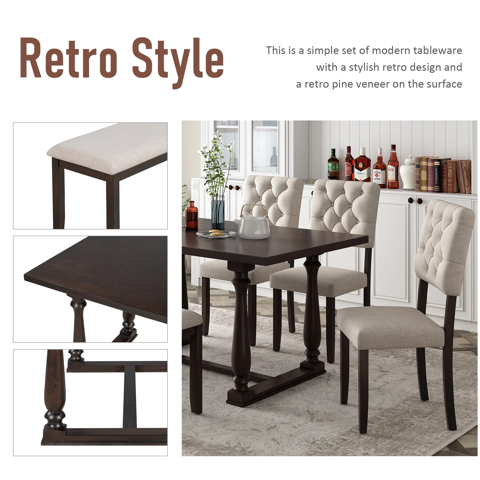 Besthome 6-Piece Dining Table and Chair Set with Special-shaped Legs and Foam-covered Seat Backs&Cushions for Dining Room (Espresso)