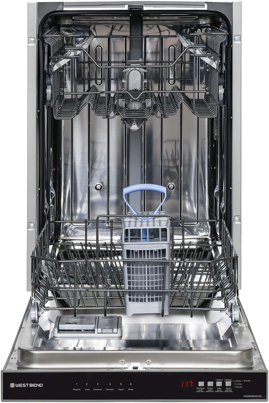 West Bend Dishwasher 18-Inch Built In with 3 Wash Options and 6 Automatic Cycles, Stainless Steel Construction with Electronic Control LED Display, Low Noise Rating, 53 dB, Metallic