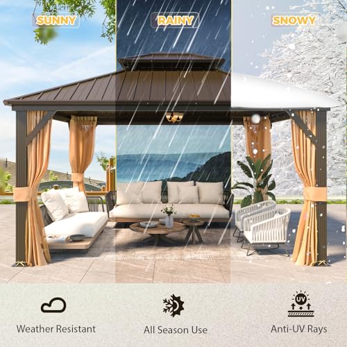 YOLENY 10' x 12' Hardtop Gazebo, Wood-Looking Gazebo with Galvanized Steel Double Roof, Aluminum Frame, Permanent Metal Pavilion with Netting and Curtains for Deck, Backyard, Patio and Lawns