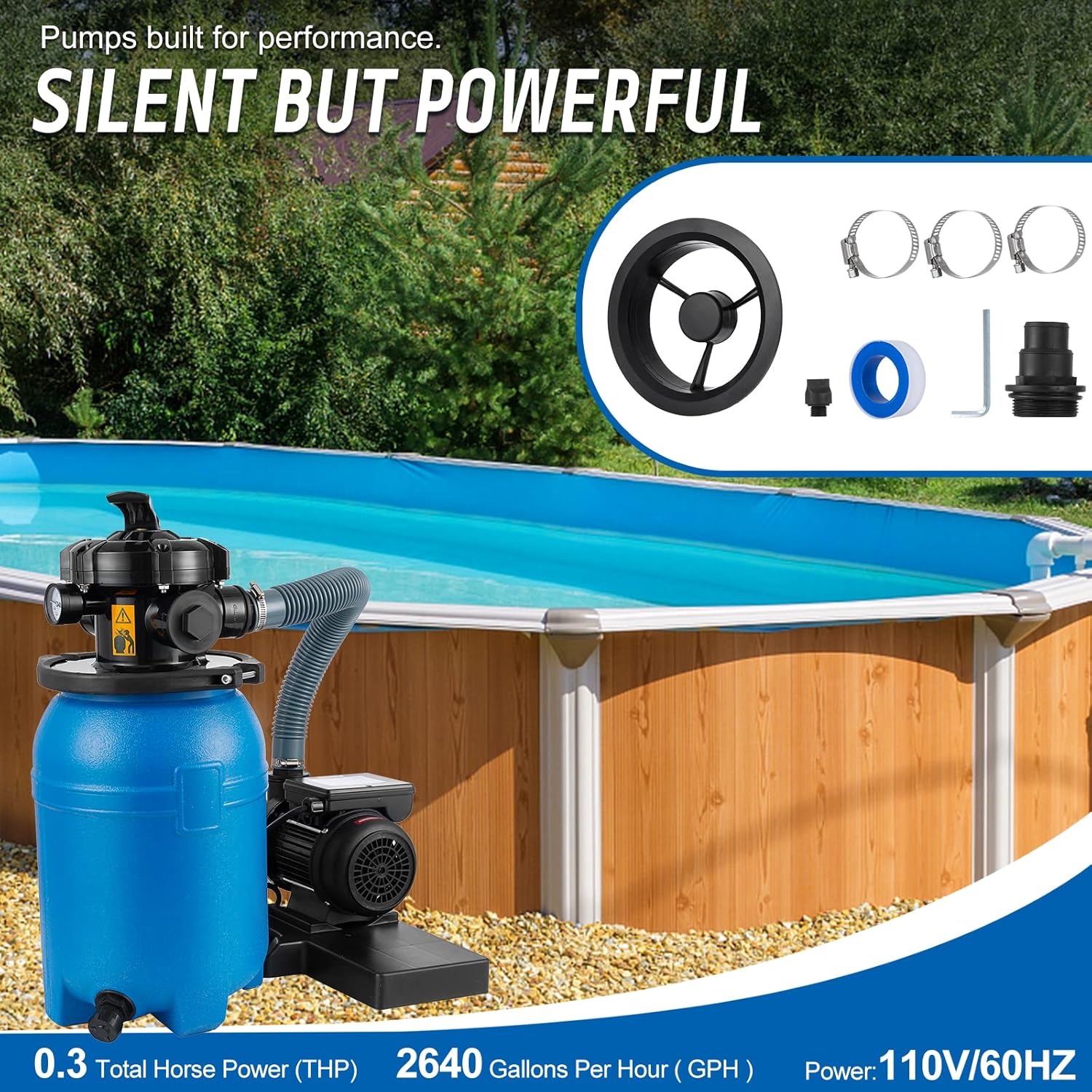 10" Sand Filter 1/3HP Pool Pump,2640 GPH High-Flow,Sand Filter Pump for Above Ground Pool,for Pools Up to 10000 Gallons