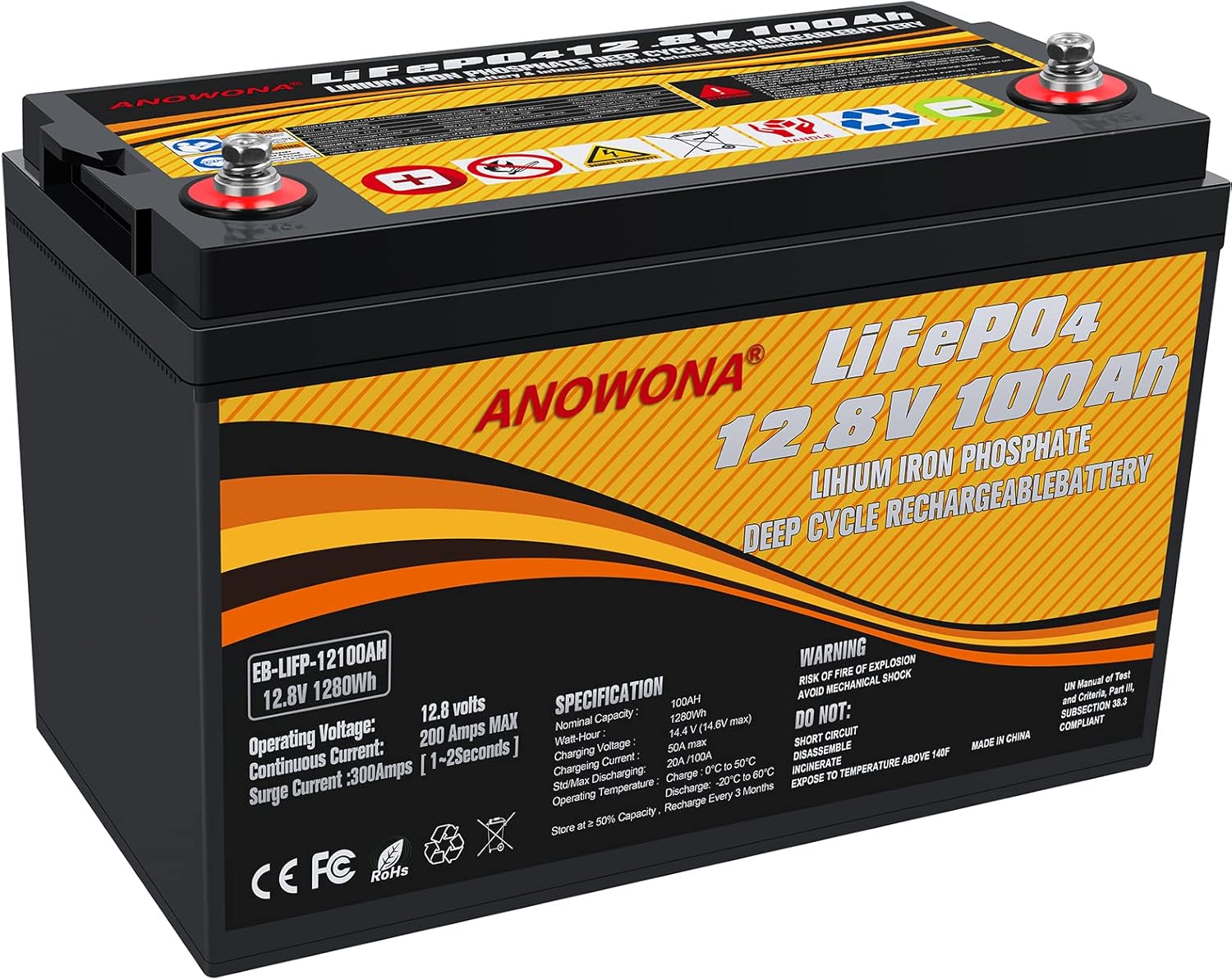 12.8V 200Ah Lithium Iron LiFePO4 Deep Cycle Battery, Built-in 100A BMS, 2000+ Cycles, 280amp Max, Perfect for RV, Solar, Marine, Overland, Off-Grid Application (12.8V200AH)