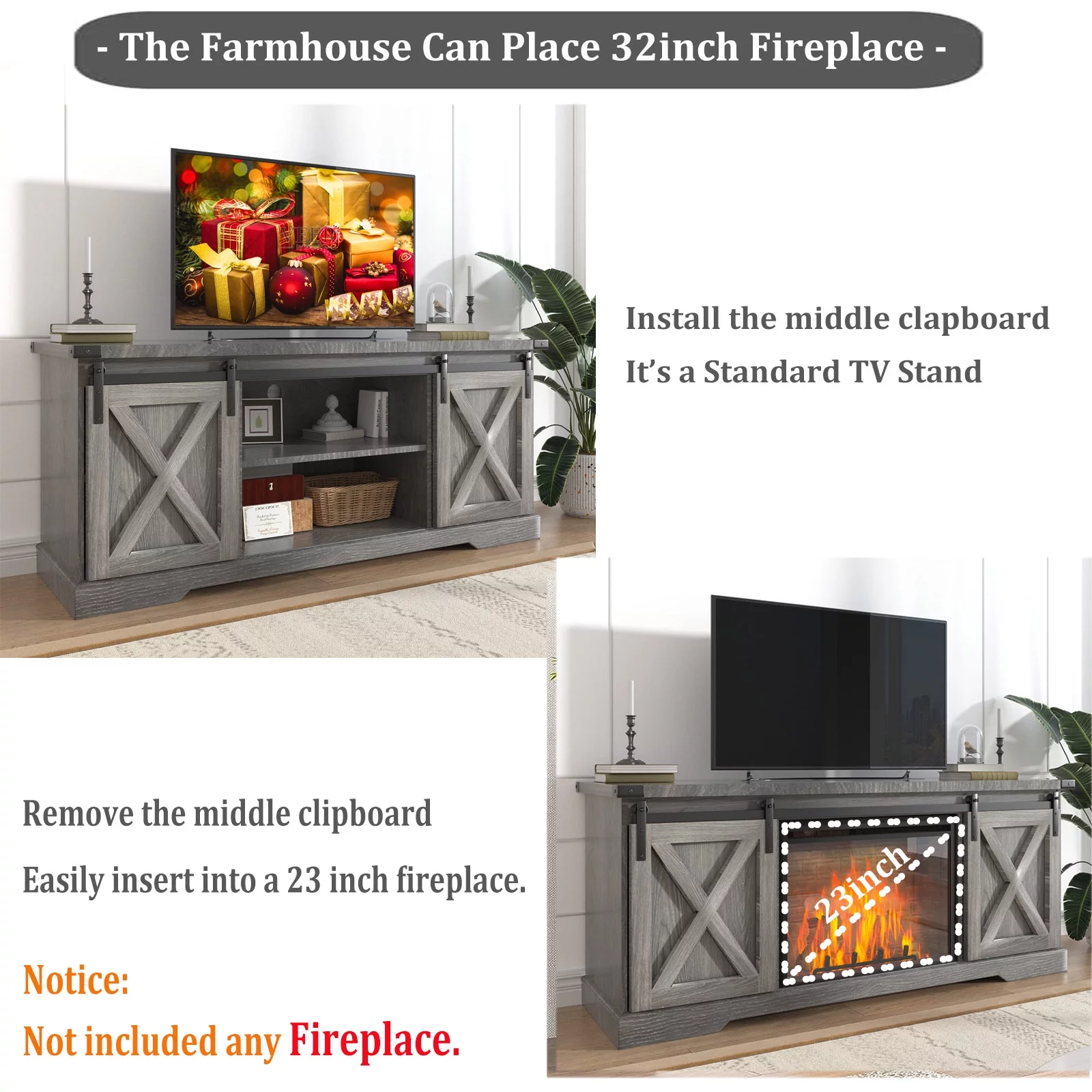 Chvans Farmhouse Barn Door TV Stand for up to 65 TVs /23 Electric Fireplace, Entertainment Center Console Table with Adjustable Shevles(58)