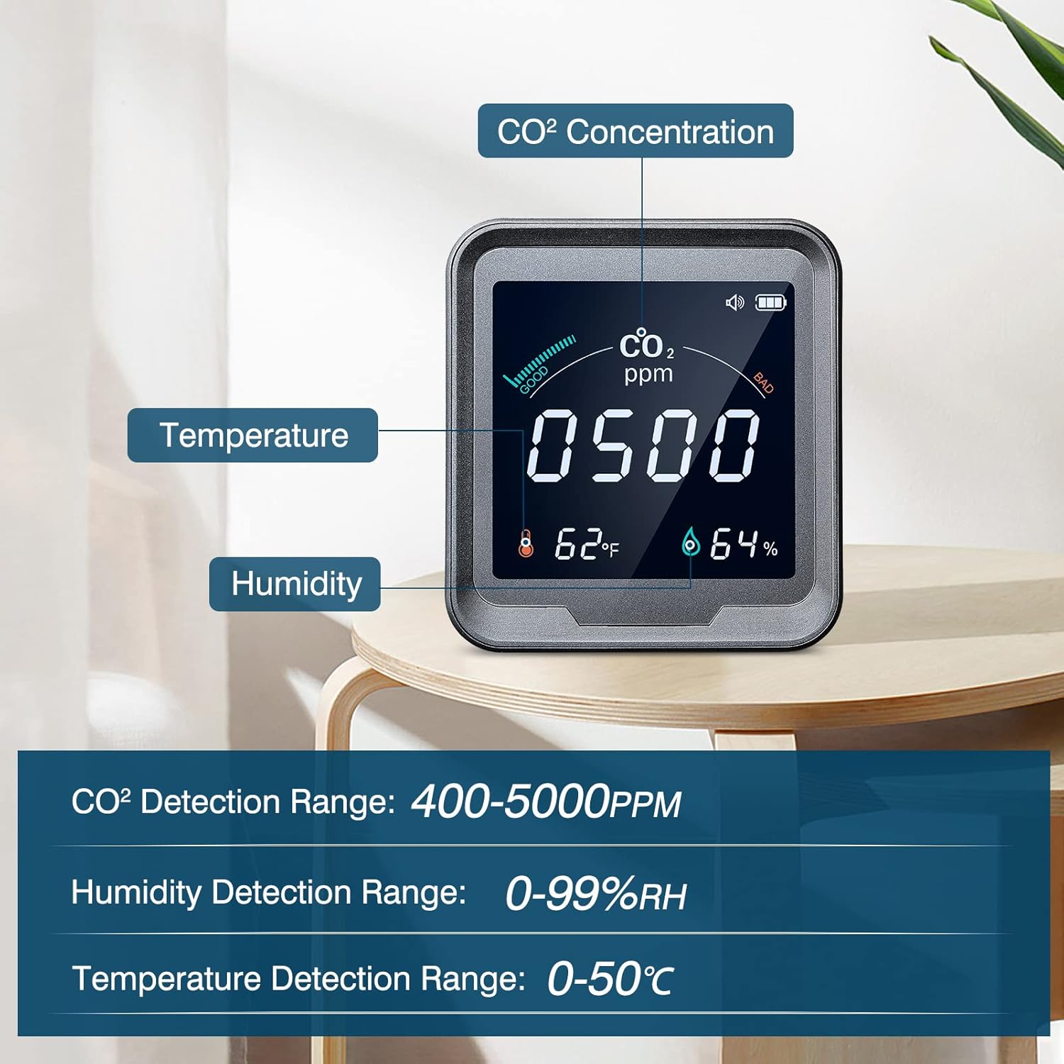 CO2 Detector, Aiment 3 in 1 Carbon Dioxide Detector Air Quality Monitor Temperature Humidity Air Analyzer for CO2 Digital CO2 Meter for Indoor Home Office