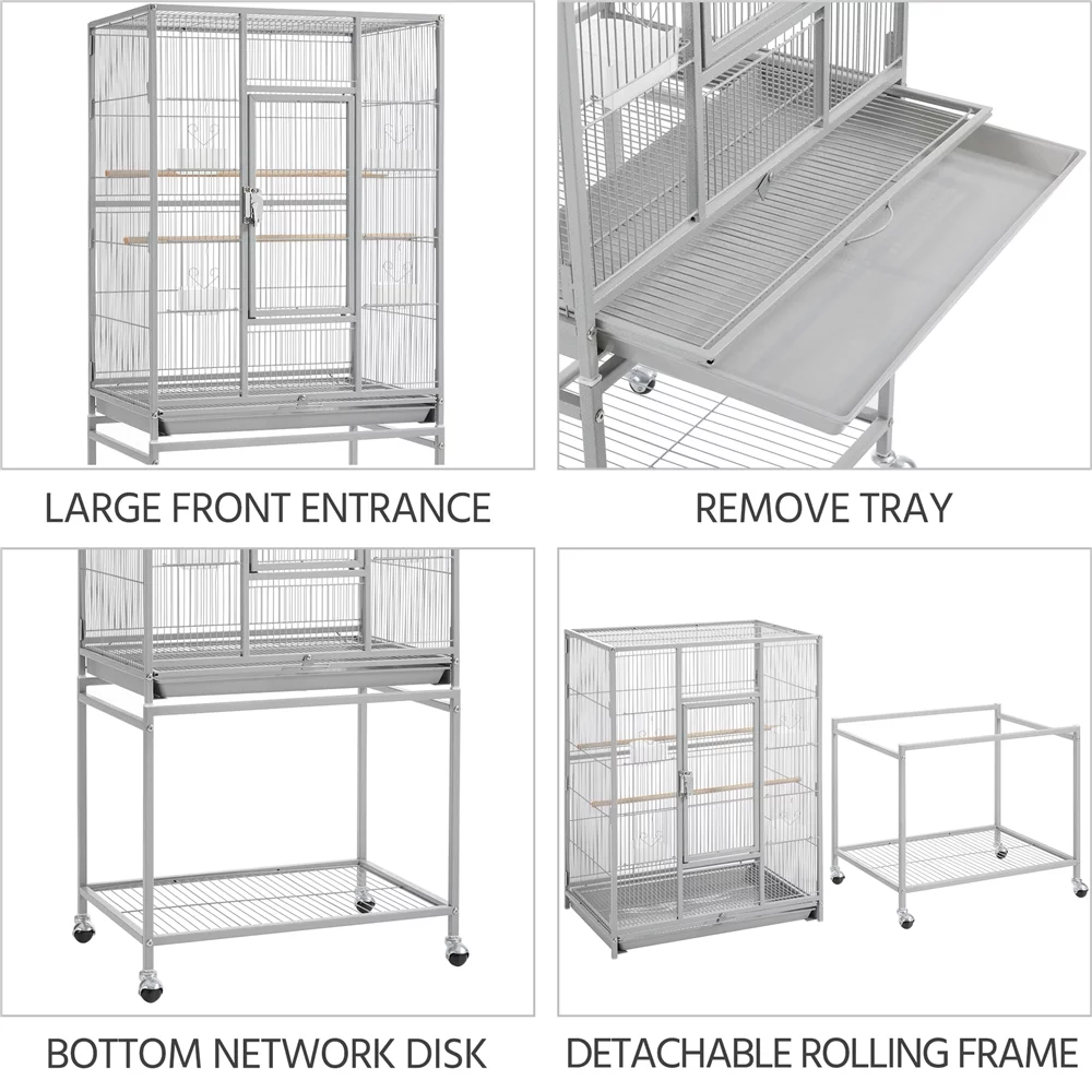 Alden Design 54" Metal Rolling Bird Cage with Detachable Stand, Light Gray - Curated Treasures Market