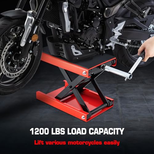 1200 LBS Motorcycle Jack with Dolly, Motorcycle Lift Stand for Dirt Bike ATV,Scissor Jack with Hand Crank Bikes Garage Repair Hoist Stand Ratchet Wrench