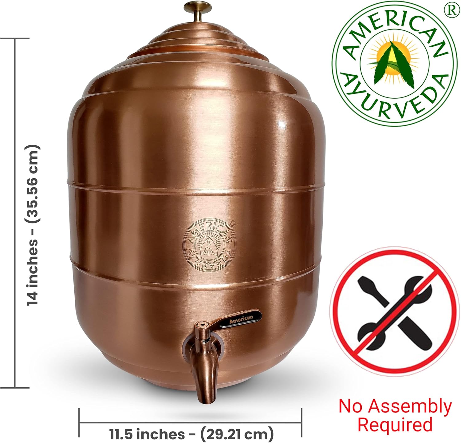 American Ayurveda Countertop 100% Pure Copper 5 Gallon Dispenser Storage Tank Pot With Stainless Steel Faucet and Lid Kitchen Home Health Yoga Meditation