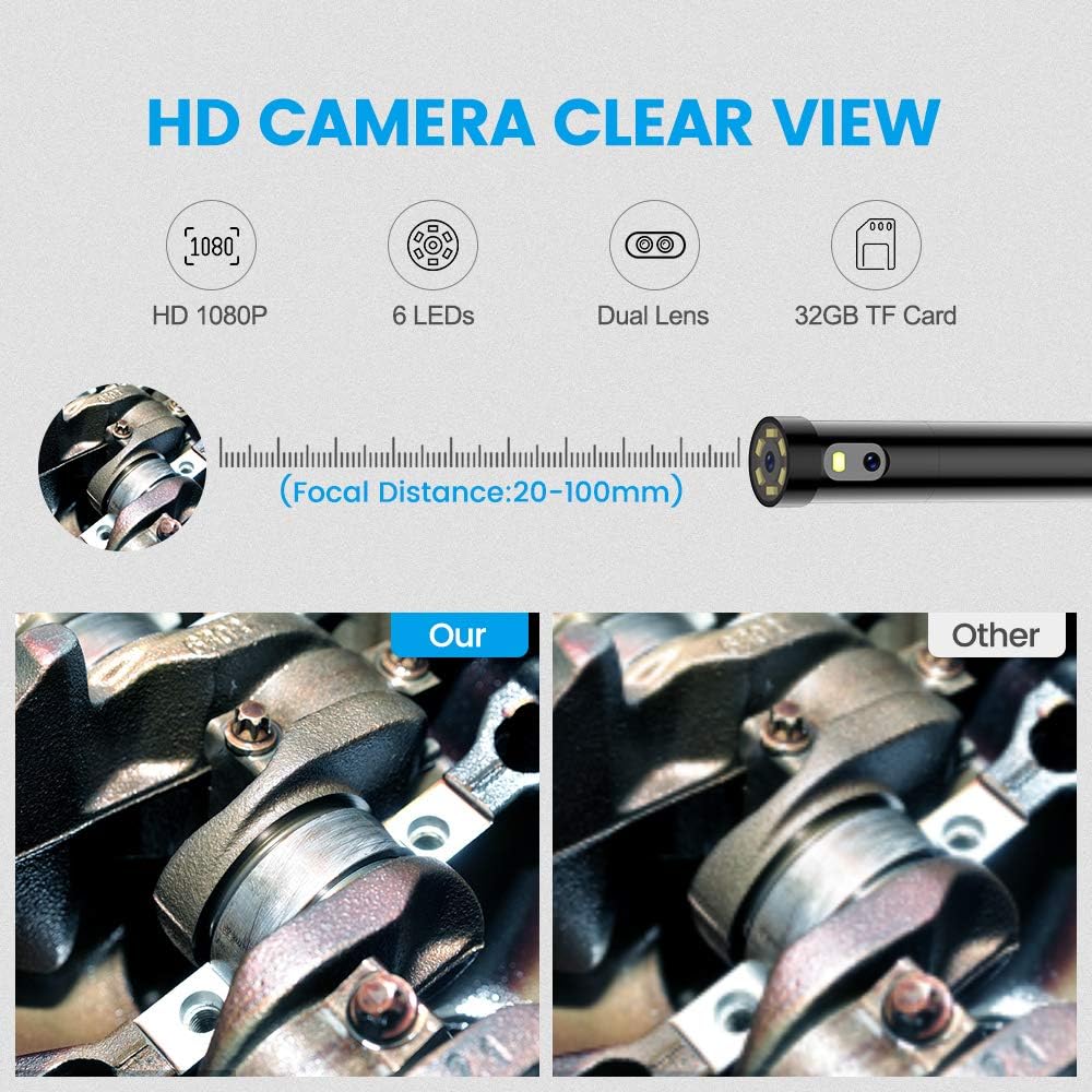 ScopeAround Endoscope 1080P HD Digital Borescope Camera Waterproof 4.5 Inch IPS Screen Snake Video Inspection Camera with 2x Len and 6 LED Lights, Semi-Rigid Cable, 32GB TF Card and Tool Bag (16.5FT)