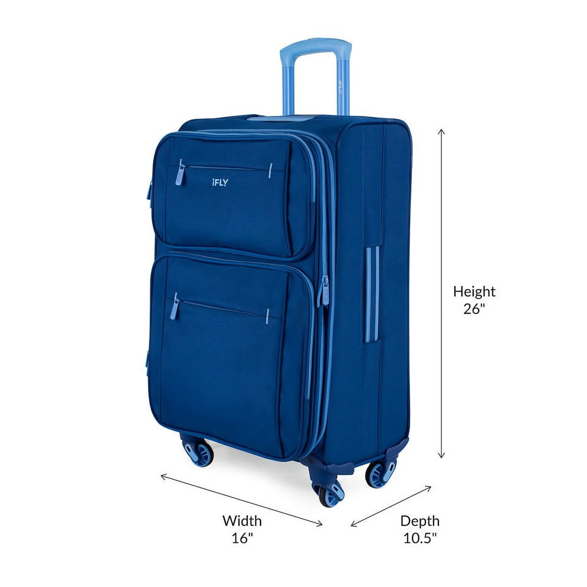 iFLY Softside Accent 3 Piece Set 4-Wheel Spinner, 20" Carry-on, 24" Checked Luggage and 28" Checked Luggage, Navy/Light Blue