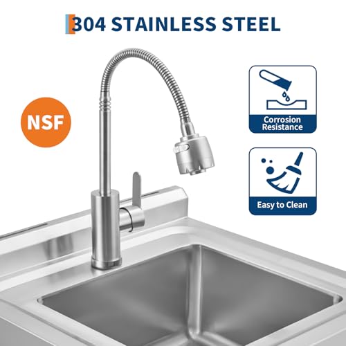 Commercial Stainless Steel Utility Sink with Faucet, Freestanding Laundry Sink with Adjustable Legs, Storage Shelf, Hooks, Backsplash, Hot & Cold Water for Kitchen, Garage, Outdoor, Farm