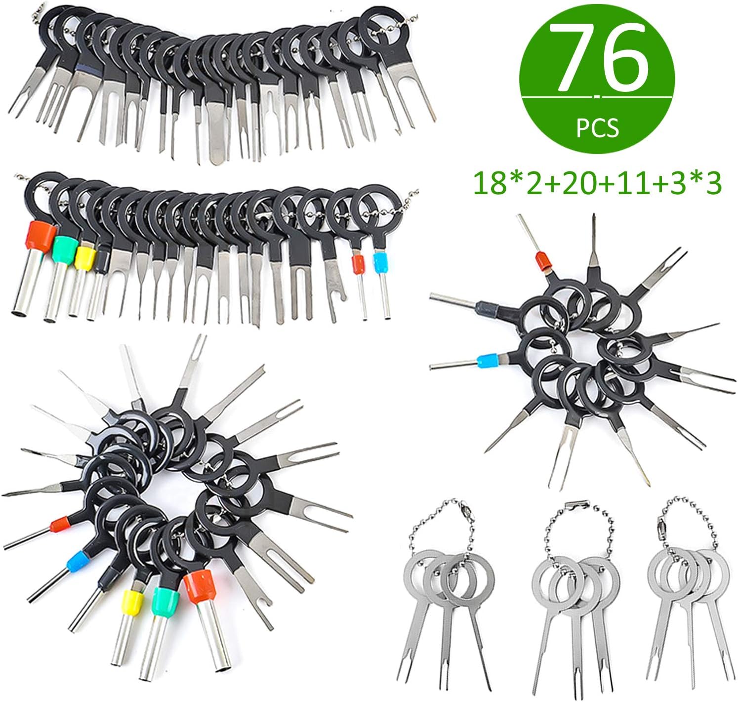 Terminal Removal Tool, 76PCS 52 Sizes Economical Terminal Release Kits for Auto Car Wire Connector, Pin Extractors Key Set for Household Harness, Stainless Steel Rubberized Grips Terminal Ejector Kits