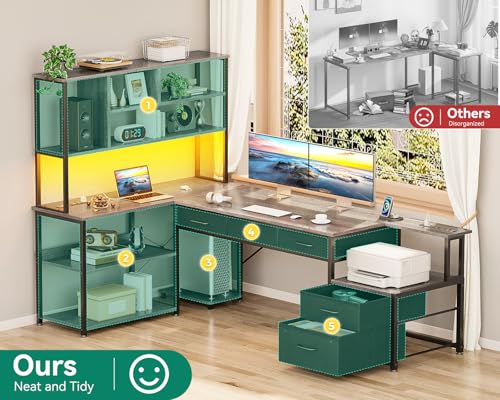 AODK 71 inch L Shaped Desk with File Drawers, Reversible L Shaped Gaming Desk with Power Outlets & LED Lights, Computer Desk with Storage Shelves for Home Office, Black