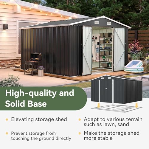 Aoxun 10 x 12FT Outdoor Storage Shed with Double Hinged Large Door Utility Garden Shed with Lockable Door & Sloped Roof Metal Sheds Outdoor Storage for Garden, Backyard, Patio and Backyard, Brown