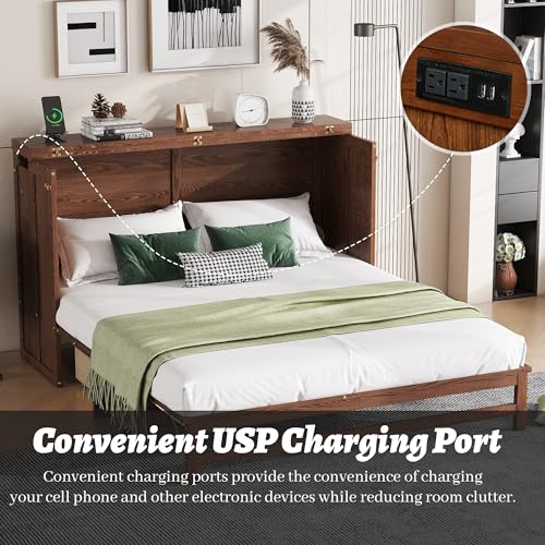 Queen Murphy Bed Cabinet, Murphy Bed Queen with Storage Drawer & Charging Station, USB Port, Solid Pine Wall Beds for Home Office, Studio or Guest Room, White