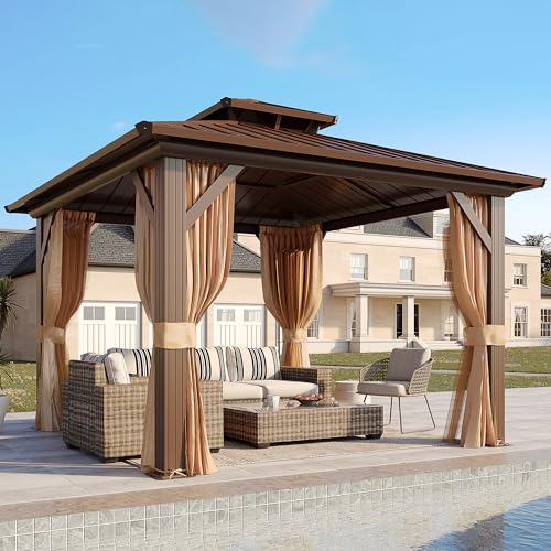 YOLENY 10' x 12' Hardtop Gazebo, Wood-Looking Gazebo with Galvanized Steel Double Roof, Aluminum Frame, Permanent Metal Pavilion with Netting and Curtains for Deck, Backyard, Patio and Lawns
