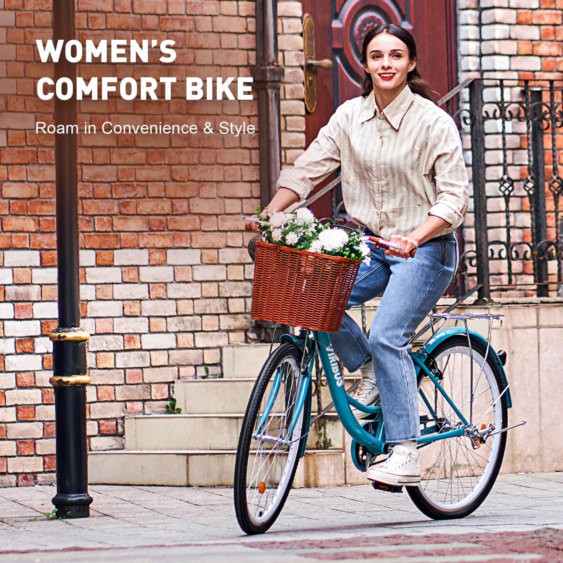Viribus Beach & City Cruiser Bike 26 Inch Women's Comfort Bike with Basket & Rack Teal