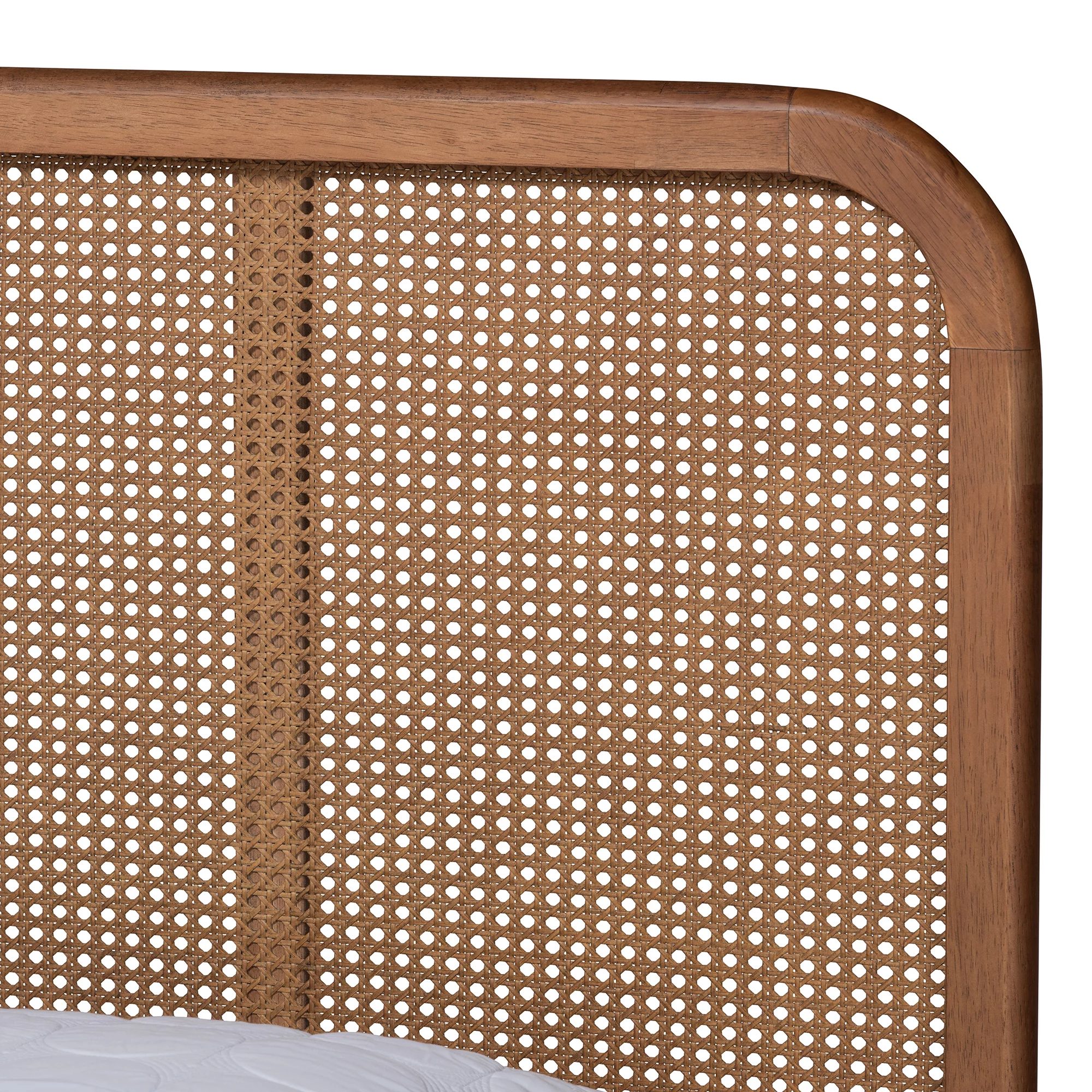 Baxton Studio Elston Mid-Century Modern Walnut Brown Finished Wood and Synthetic Rattan Queen Size Platform Bed
