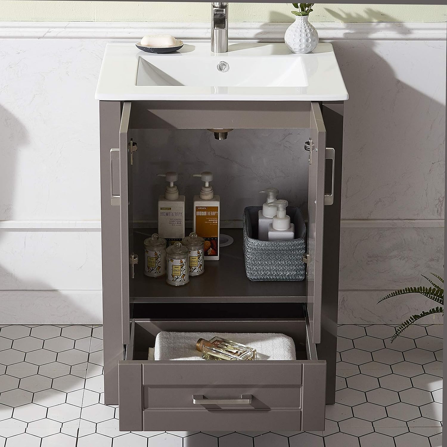 Bathroom Vanity with Sink, 24 Inch Small Bathroom Cabinet Set Combo 2 Doors Grey, Wood Storage Cabinet with Single Hole Undermount Ceramic Sink