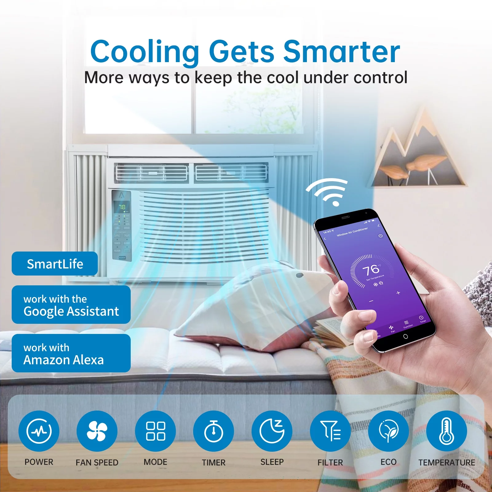 Window-Mounted Room Air Conditioner, 8,000 BTU, Cools 350 Sq.ft, Quiet Operation, Window AC Unit with Remote/App Control and Dehumidification Function