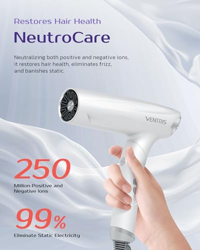 Ventris Ionic Hair Dryer Magnetic Diffuser,High Speed Styling Blow Dryer, Lightweight & Foldable for Travel Hair Dryer, Positive Negative Ion blowdryer