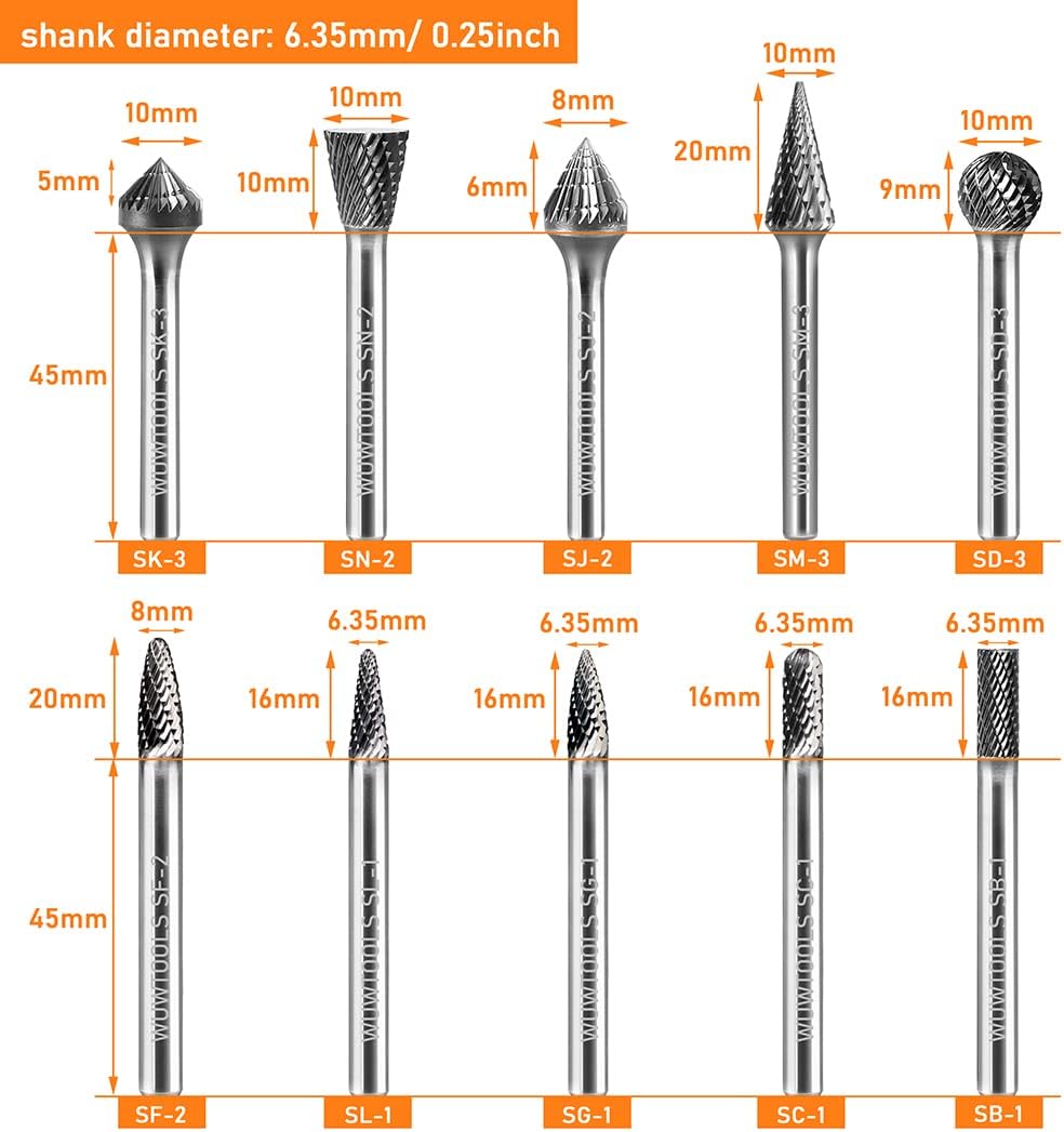 Carbide Cutting Rotary Burrs Set 10PCS, 1/4 Shank Double Cut Die Grinder Bit Tungsten Steel Solid Tool for DIY Wood Stone Carving Working Metal Glass Grinding Engraving Polishing Shaping Drilling Pack of 2