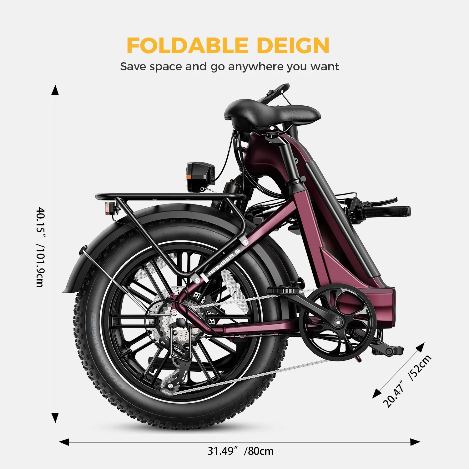 Yoloway Ranger S Folding Electric Bike, Foldable Electric Bicycle with 48V 14.4AH Removable Battery, 20 x 4.0 Fat Tire Step-thru Ebike for Adults, Red
