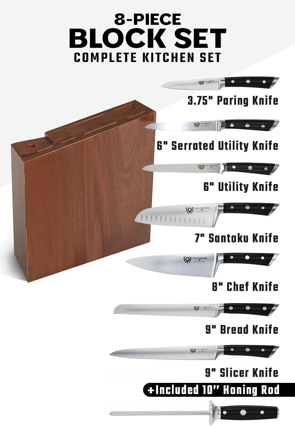 Dalstrong Knife Set Block - 8 Piece - Gladiator Series - German High Carbon Steel Kitchen Knife - Premium Food-Grade Black ABS Polymer Handles - NSF Certified