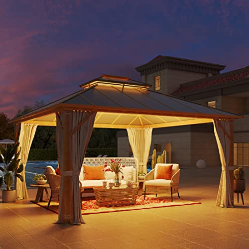 YOLENY 10' x 12' Hardtop Gazebo, Wood-Looking Gazebo with Galvanized Steel Double Roof, Aluminum Frame, Permanent Metal Pavilion with Netting and Curtains for Deck, Backyard, Patio and Lawns