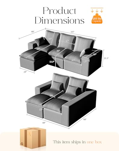 107" Comfy Cloud Couch with L-Shape Chaise & Deep Seat, Modular Sectional Sofa in a Box, Boneless Upholstered Couches for Living Room, No Assembly Required (Soft Corduroy, Black)