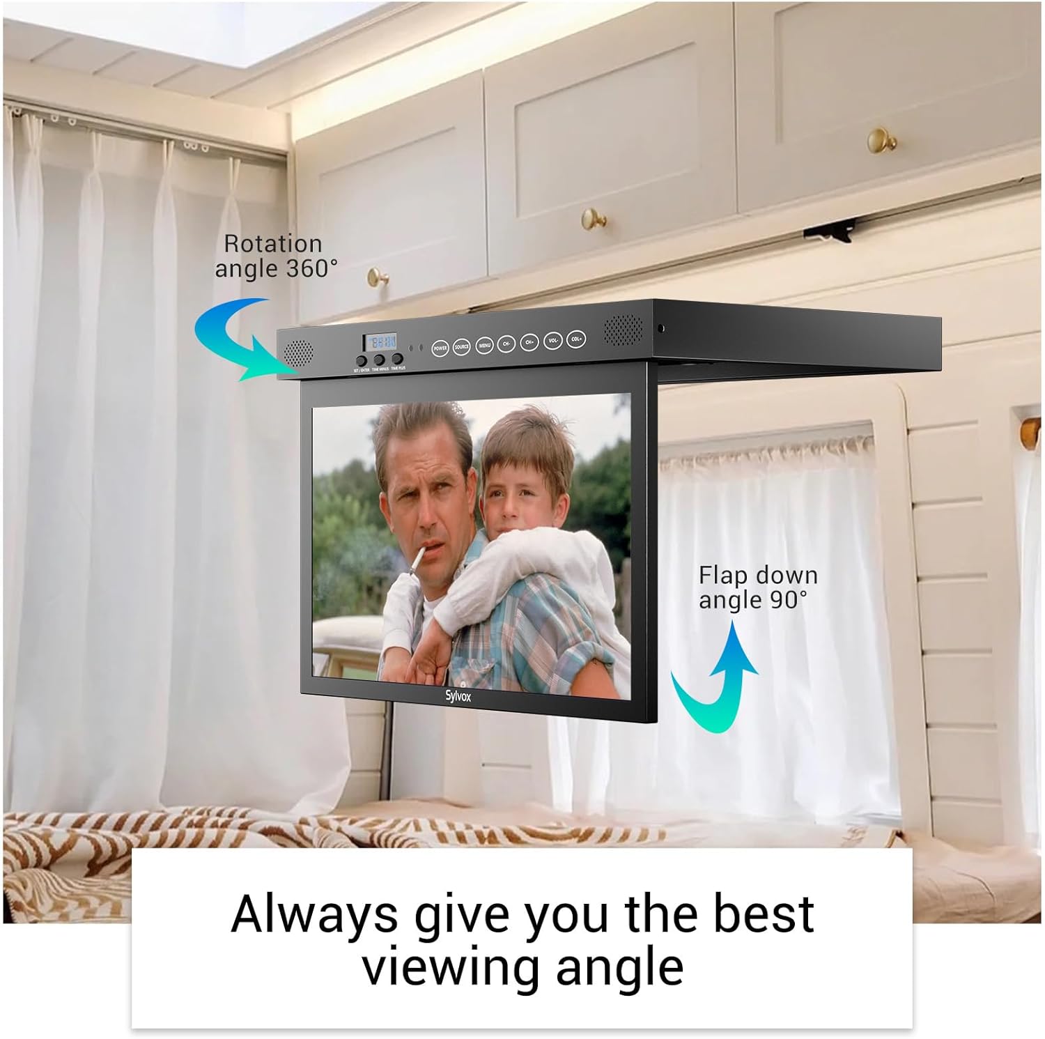 SYLVOX 15.6 inch Smart TV for Kitchen, 1080P RV TV Under Cabinet TV, Smart Google TV Rotated & Folded, Support Google Assistant WiFi Bluetooth, Small TV for Kitchen, Bedroom, RV Camper, Black