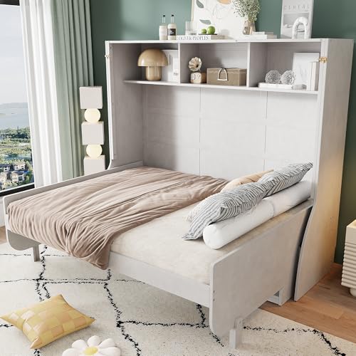 Full Size Murphy Bed with Desk, Horizontal Wall Bed with Storage Shelves, Solid Wood Cabinet Murphy Bed Full Size, Antique White