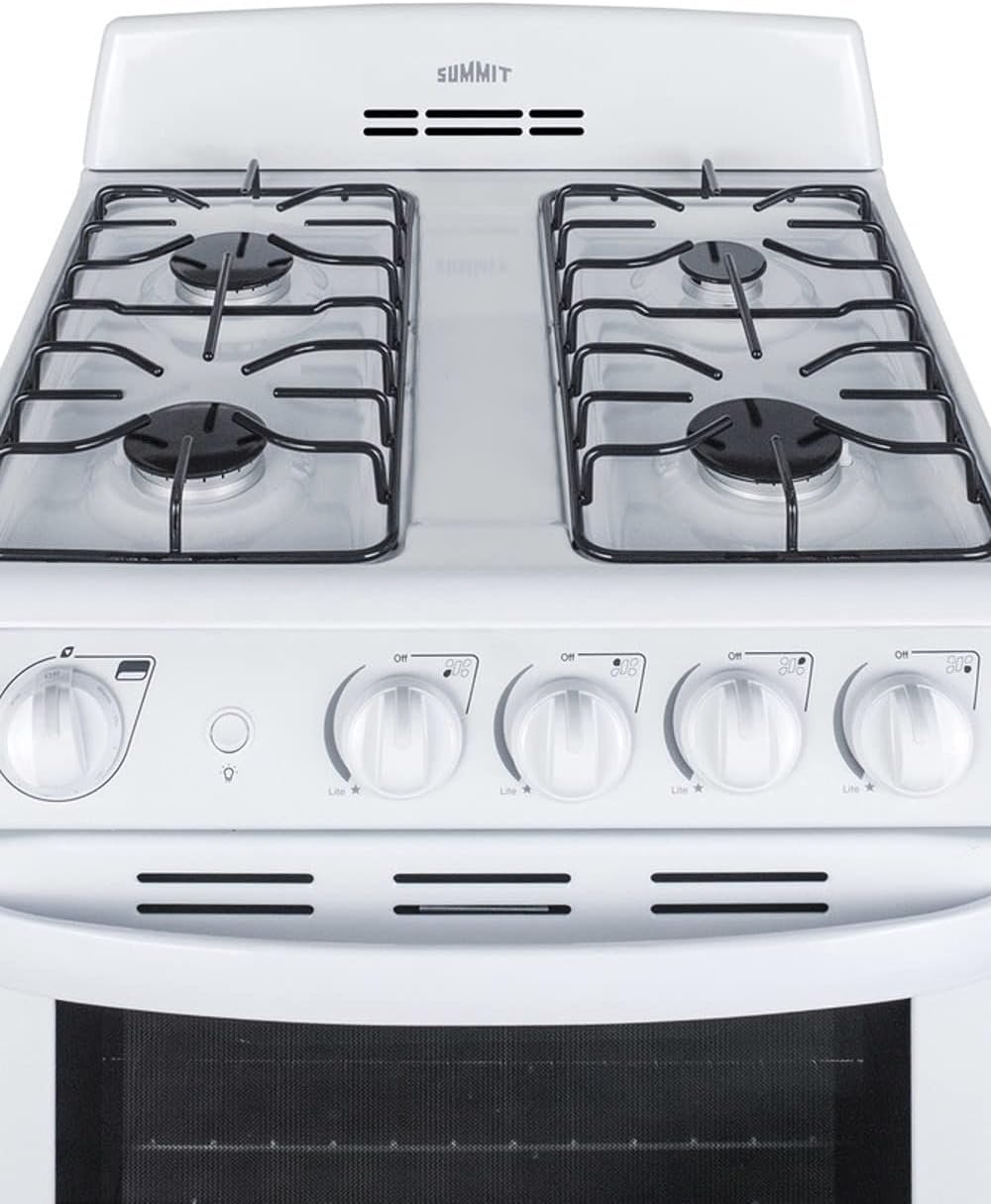 Summit RG244WS 24"" Freestanding Gas Range with 2.9 cu. ft. Oven Capacity Electronic Ignition High Backguard Broiler Drawer Continuous Grates and Safety Brake System for Oven Racks in White