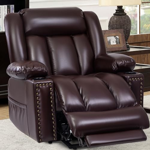 Large Power Lift Chairs Recliners for Elderly with Heated and Massage, Overstuffed Adjustable Lift Chairs, 3 Positions, Breathable Leather, USB-A and USB-C, Cup Holder, Side Pocket Dark Brown