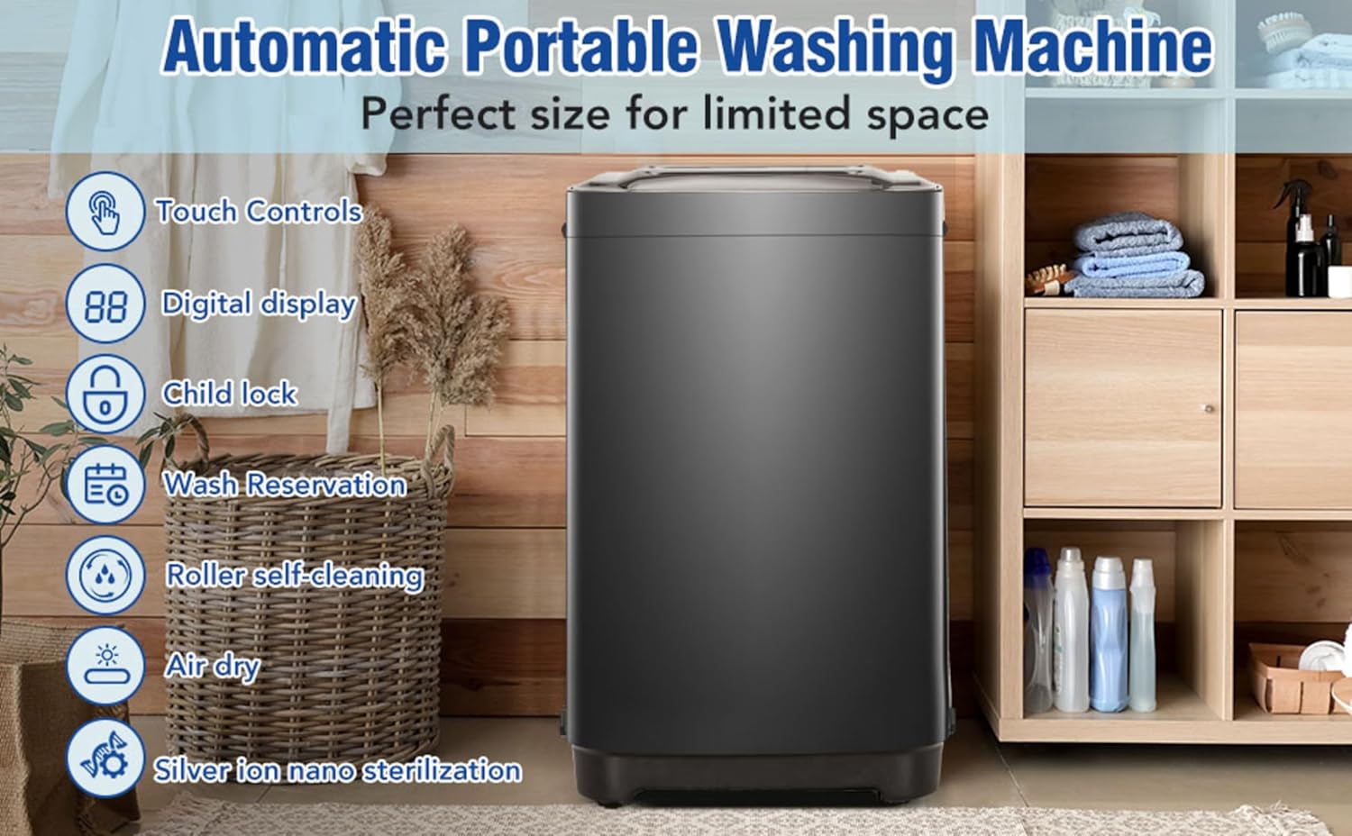 Portable Washing Machine – 15.4lbs Capacity, Top Loading Full-Automatic Compact Washing Machine with Smart Programs and Energy Efficiency (Antique grey, 18.3 "L x 18.5 "W x 31.1 "H)
